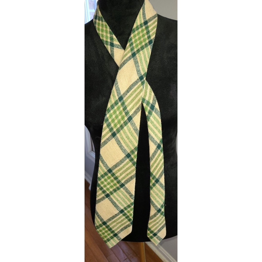 Vtg 60s 70s Green White Beige‎ Woven Diagonal Plaid Wool/Linen Necktie Hipster